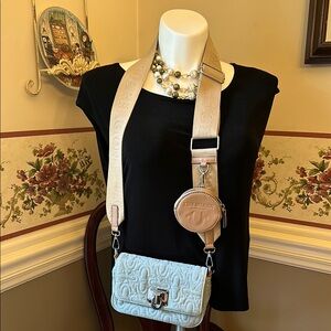 True Religion quilted denim crossbody bag with pouch, guitar strap